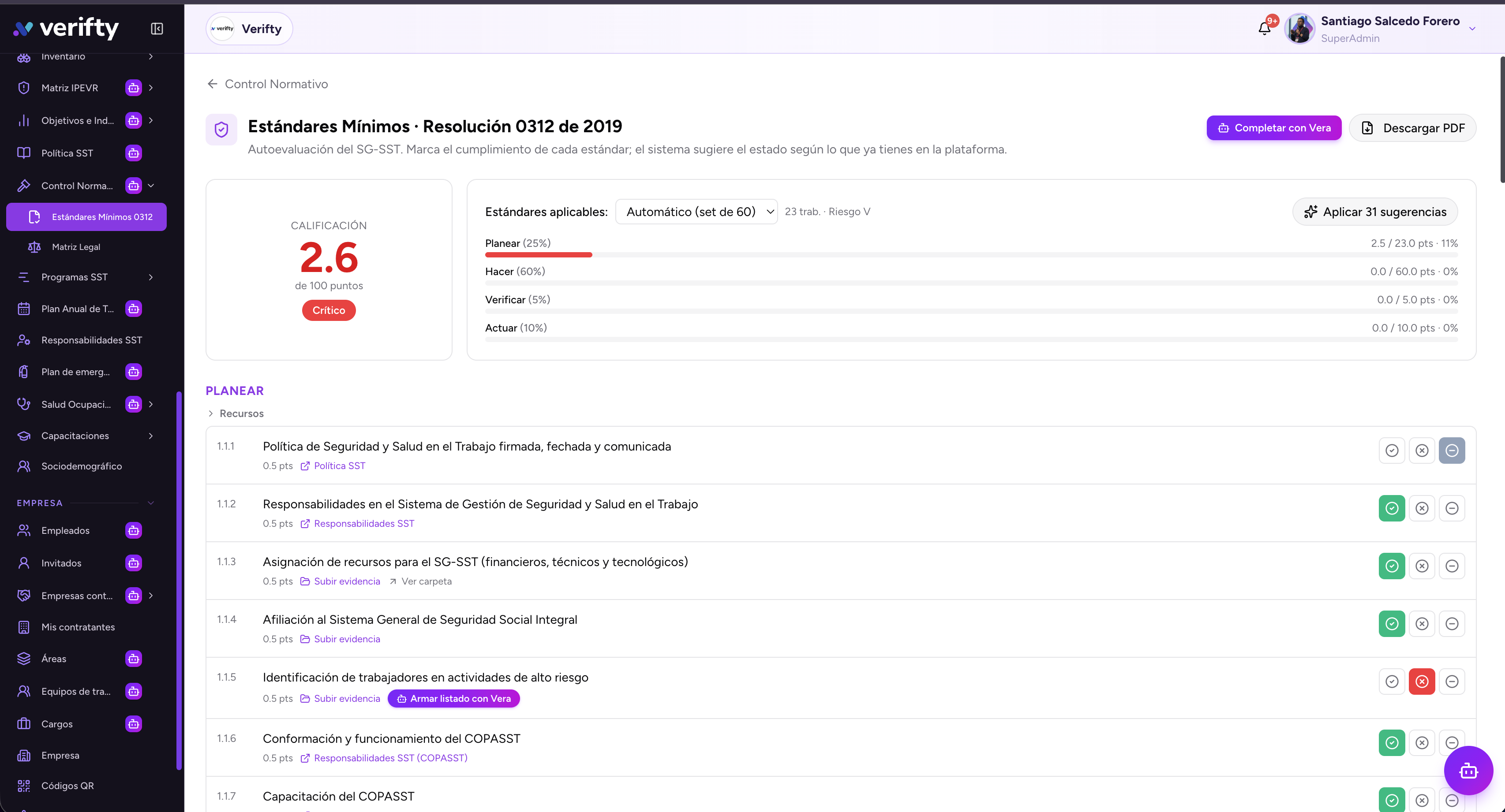 Módulo Control Normativo de Verifty con la autoevaluación de Estándares Mínimos de la Resolución 0312 de 2019: calificación crítica de 2.6 sobre 100, barras de avance por ciclo PHVA (Planear, Hacer, Verificar y Actuar), ítems como la política SST firmada 1.1.1 y el COPASST, y el botón Completar con Vera